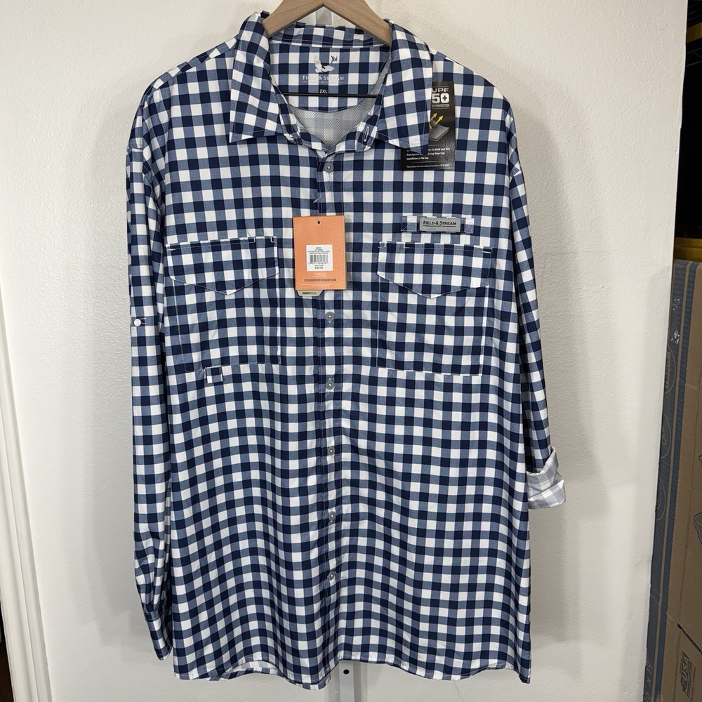Field & Stream Men's 2XL Latitude Gingham Navy White LS Smart Wick UPF 50+ Shirt